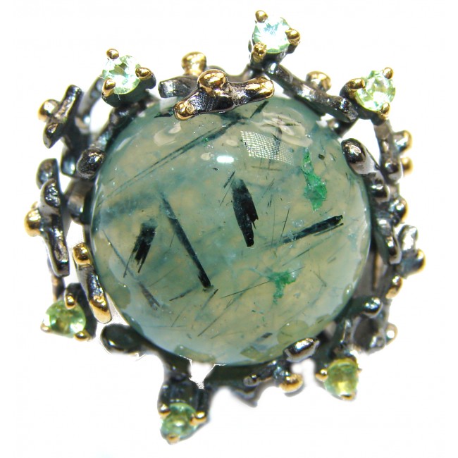 Natural Prehnite Emerald 24K Gold Rhodium over .925 Sterling Silver handmade ring s. 8 1/4