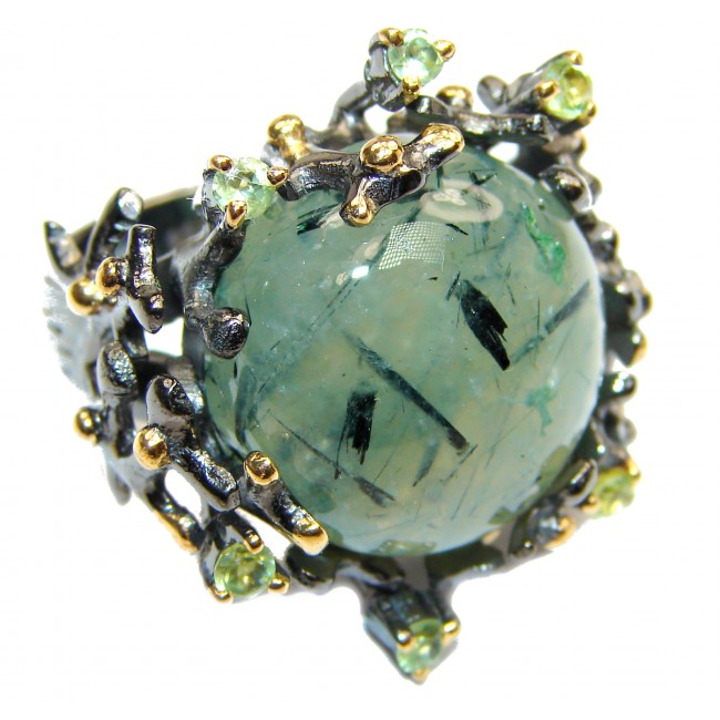 Natural Prehnite Emerald 24K Gold Rhodium over .925 Sterling Silver handmade ring s. 8 1/4