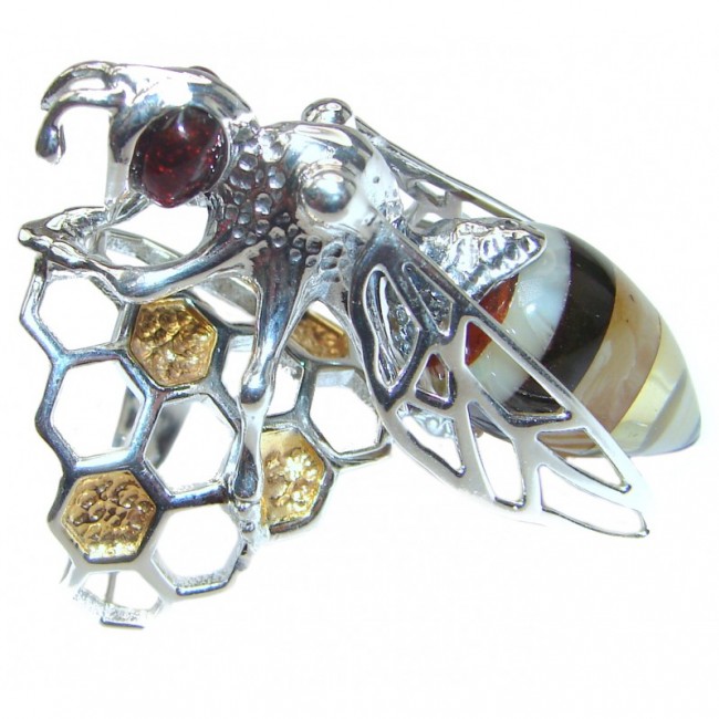 Masterpiece Honey Bee Baltic Polish Amber .925 Sterling Silver handcrafted ring; s 7 adjustable