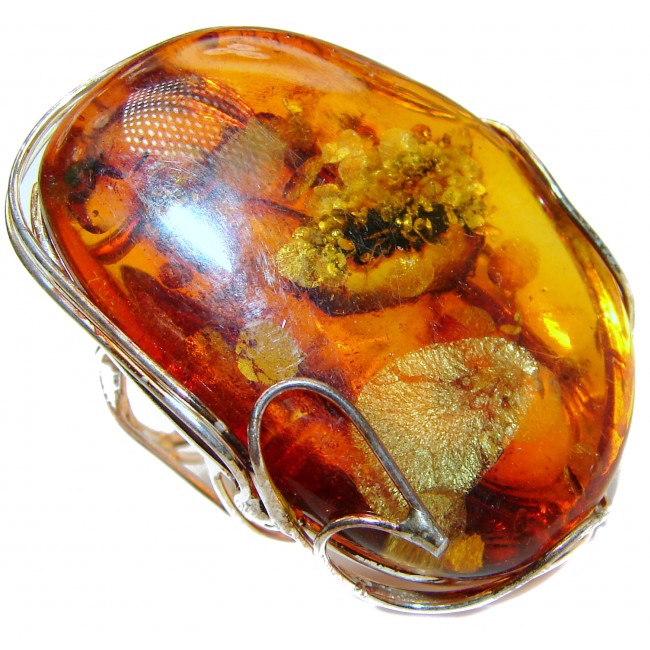 Huge Authentic Baltic Amber .925 Sterling Silver handcrafted ring; s. 8 adjustable