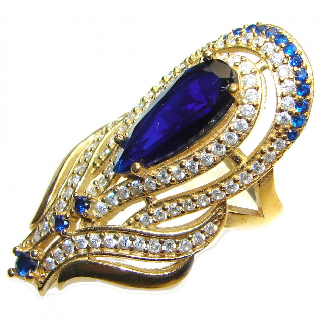 Vintage Style created Sapphire Gold over .925 Sterling Silver handcrafted ring; s. 8