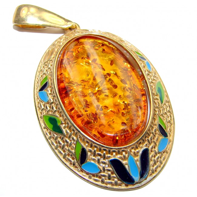 Vitage Style Natural Baltic Amber 18K Gold over .925 Sterling Silver handmade Pendant