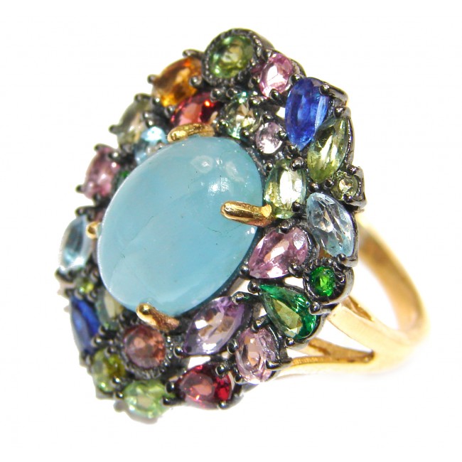 Large Natural Aquamarine Tourmaline 18K Gold over .925 Sterling Silver handcrafted Statement Ring s. 8