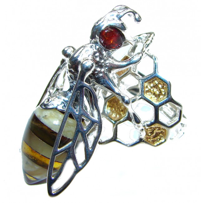 Masterpiece Honey Bee Baltic Polish Amber .925 Sterling Silver handcrafted ring; s 8 adjustable