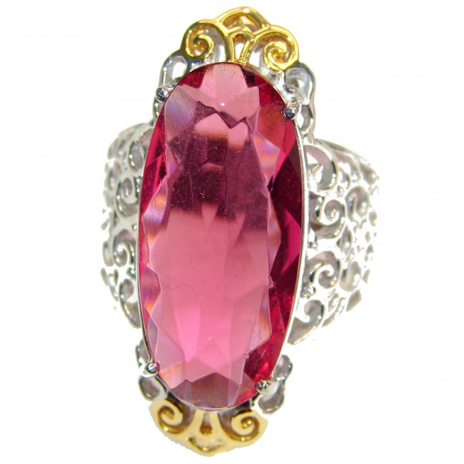 Exotic Pink Raspberry Topaz two tones .925 Sterling Silver handcrafted Ring s. 8