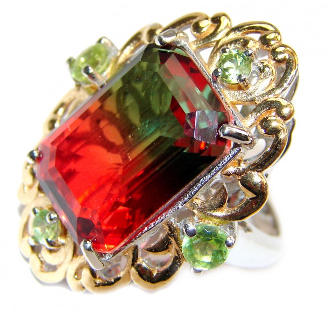 Huge Top Quality Volcanic Pink Tourmaline 18 K Gold over .925 Sterling Silver handcrafted Ring s. 6 3/4