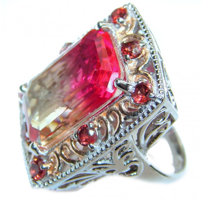 HUGE Emerald cut Pink Topaz 18K Gold over .925 Sterling Silver handcrafted Ring s. 7 3/4