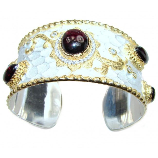 Bracelet with Cabochon Garnet & Diamonds 24K gold and Silver in Antique White Patina