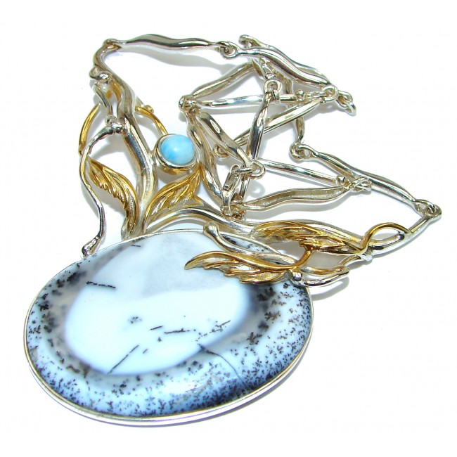 Oversized genuine Dendritic Agate two tones .925 Sterling Silver handcrafted necklace
