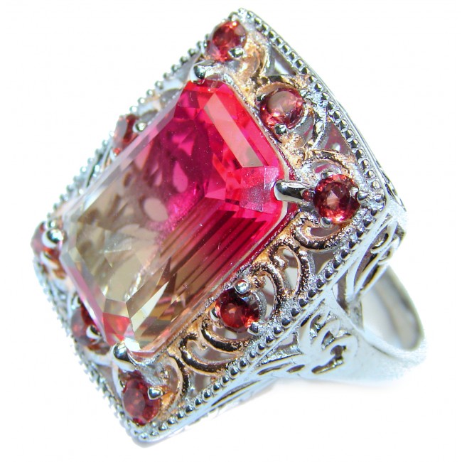 HUGE Emerald cut Pink Topaz 18K Gold over .925 Sterling Silver handcrafted Ring s. 9 1/4