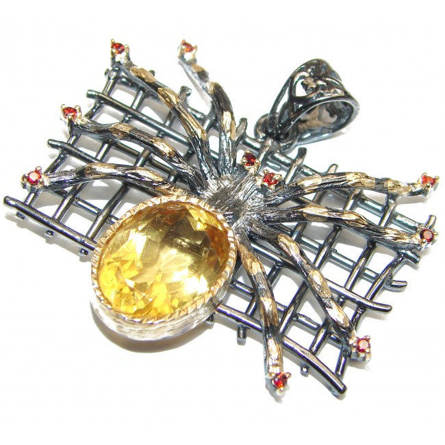 Spider's Web Genuine Citrine 14K Gold .925 Sterling Silver handmade Pendant