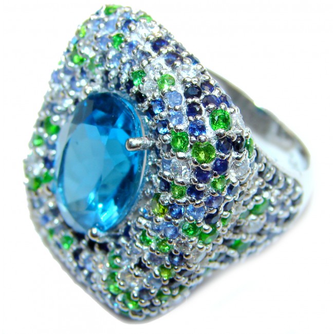 Spectacular Genuine 25ctw Swiss Blue Topaz .925 Sterling Silver handcrafted Statement Ring size 6