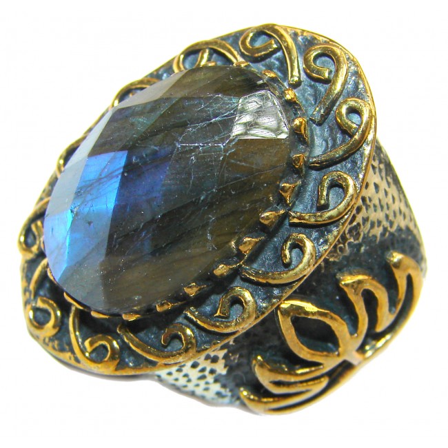 Fire Labradorite 18K Gold over .925 Sterling Silver Bali handmade ring size 8