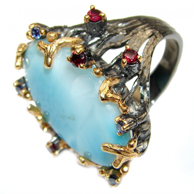 Vintage Design Natural Larimar Sapphire 18K Gold over .925 Sterling Silver handcrafted Ring s. 8