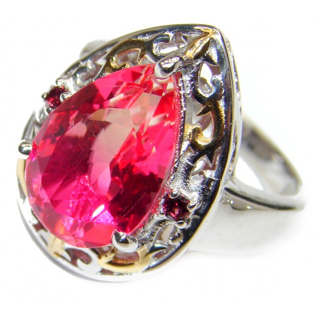 HUGE pear cut Pink Tourmaline 18K Gold over .925 Sterling Silver handcrafted Ring s. 7 3/4