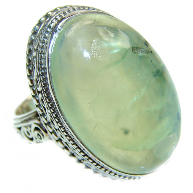 Chunky Natural Moss Prehnite .925 Sterling Silver handmade ring s. 8