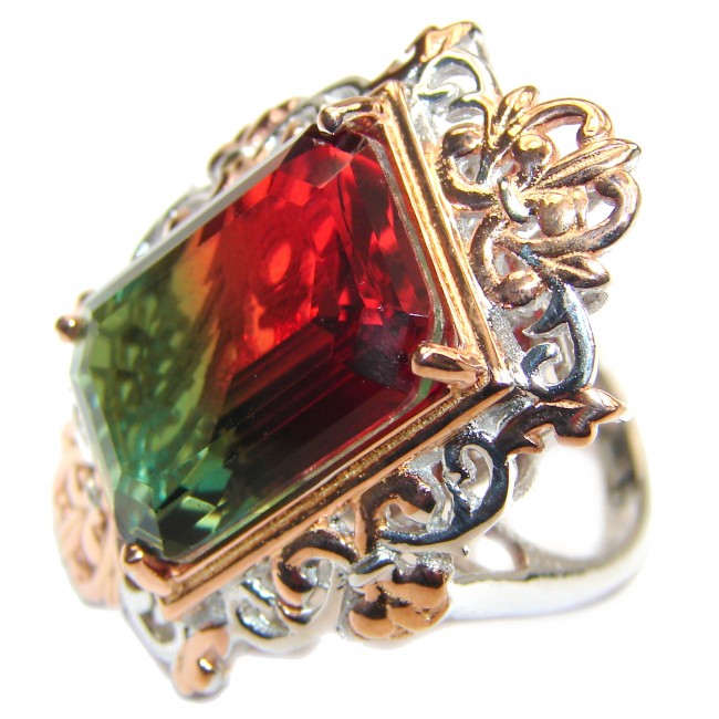 HUGE Emerald cut Watermelon Tourmaline color Topaz 18 K Gold over .925 Sterling Silver handcrafted Ring s. 6 1/2