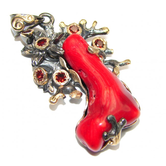 Genuine Red Fossilized Coral 14K Gold over .925 Sterling Silver handmade pendant