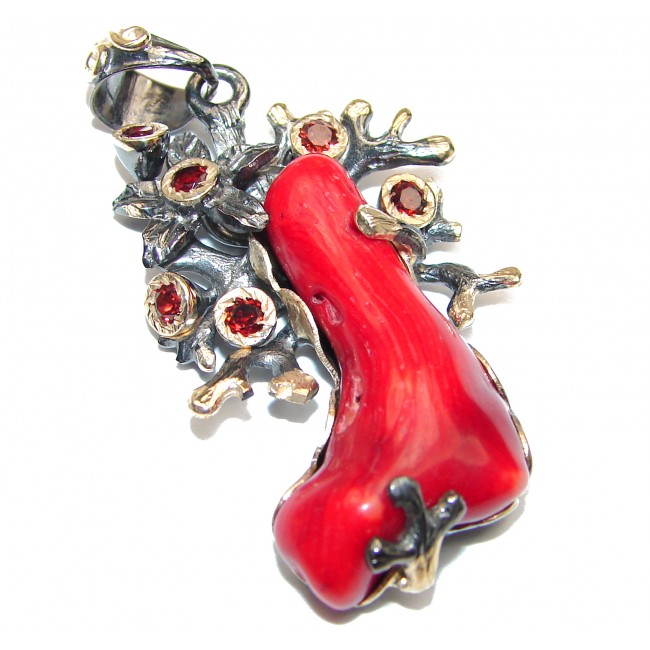 Genuine Red Fossilized Coral 14K Gold over .925 Sterling Silver handmade pendant
