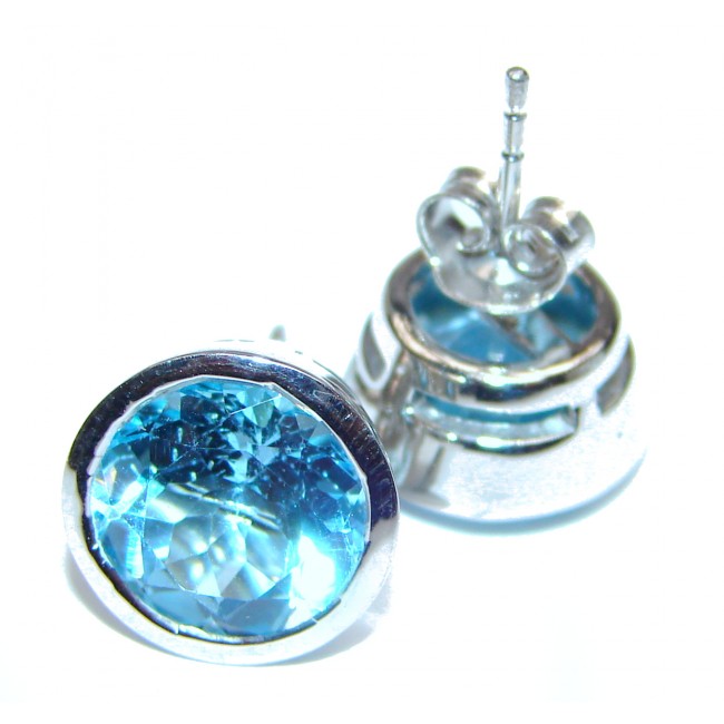 Huge Deluxe genuine Swiss Blue Topaz 13 mm .925 Sterling Silver stud earrings