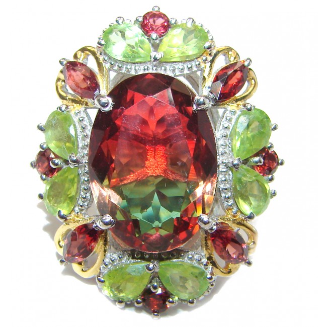 HUGE Oval cut Watermelon Tourmaline 18K Gold over .925 Sterling Silver handcrafted Ring s. 6 1/4