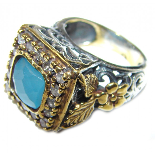 Vinatge Design Aquamarine 18K Gold over .925 Sterling Silver handmade ring s. 6 1/4