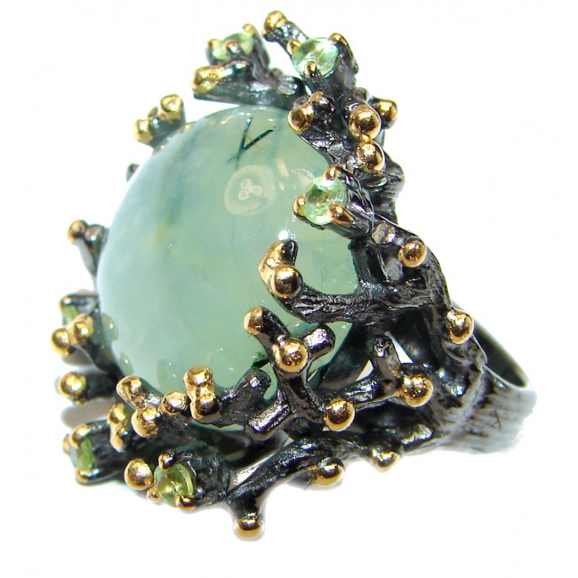 Large Nature inspired Prehnite 14K Gold Rhodium over .925 Sterling Silver handmade ring s. 7