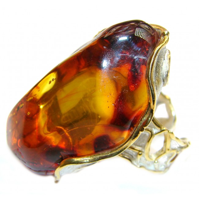 Huge Authentic Baltic Amber 18K Gold .925 Sterling Silver handcrafted ring; s. 8 adjustable