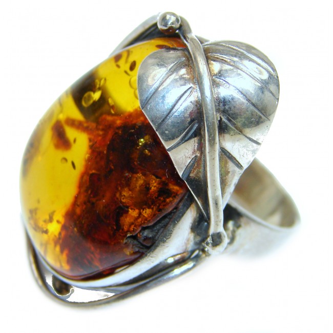 Large Beautiful Authentic Baltic Amber .925 Sterling Silver handcrafted ring; s. 7 adjustable