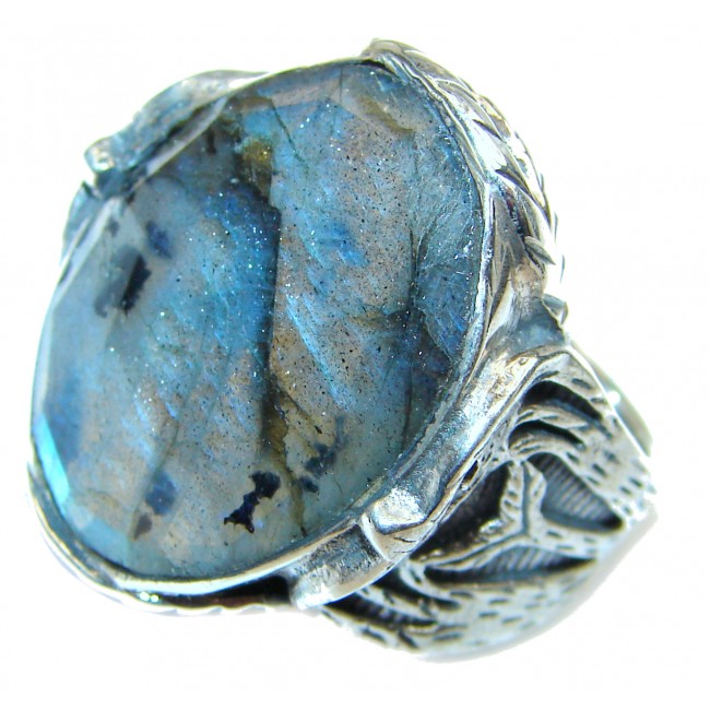 Fire Labradorite 18K Gold over .925 Sterling Silver Bali handmade ring size 7