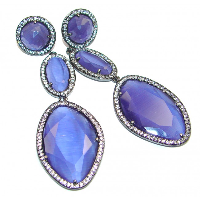 Large Very Unique Blue Cats Eye Balck Rhodium over .925 Sterling Silver earrings