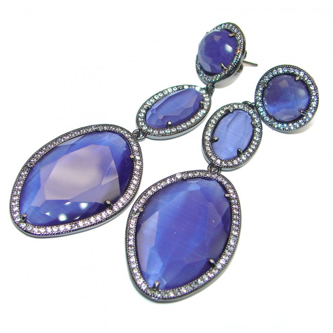 Large Very Unique Blue Cats Eye Balck Rhodium over .925 Sterling Silver earrings