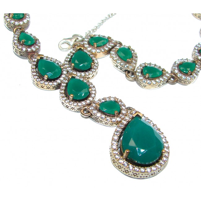 Victorian Style created Green Emerald & White Topaz .925 Sterling Silver necklace