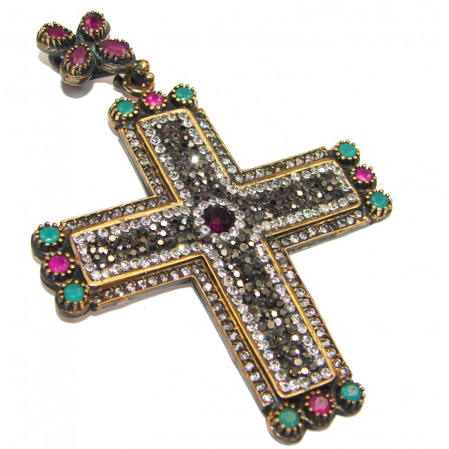 Holy Crosscreated Ruby genuine Spinel .925 Sterling Silver handmade pendant