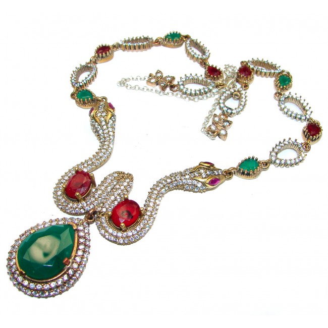 Victorian Style Snakes Green Emerald quartz & White Topaz Sterling Silver necklace