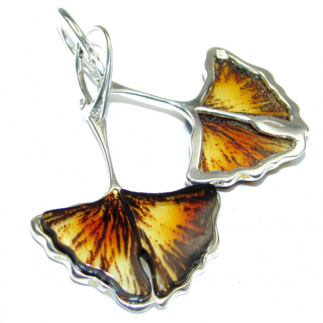 Masterpiece Genuine carved Baltic Amber .925 Sterling Silver handcrafted Earrings