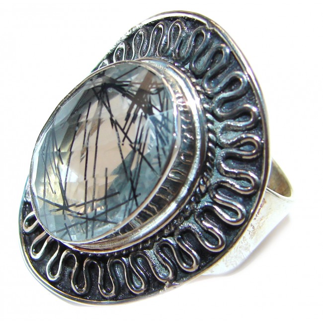 Mysterious Tourmalinated Quartz Sterling Silver handmad ring s. 9 1/2