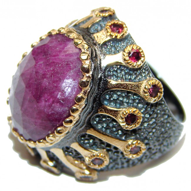 Large genuine Ruby 18K Gold over .925 Sterling Silver Statement Italy made ring; s. 6 1/2