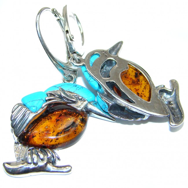 Masterpiece Genuine Baltic Amber Turquoise .925 Sterling Silver Earrings