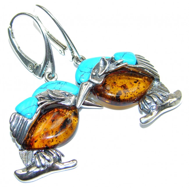 Masterpiece Genuine Baltic Amber Turquoise .925 Sterling Silver Earrings