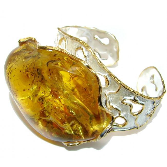 One of the kind Huge genuine Amber 14K Gold over .925 Sterling Silver handmade Bracelet / Cuff