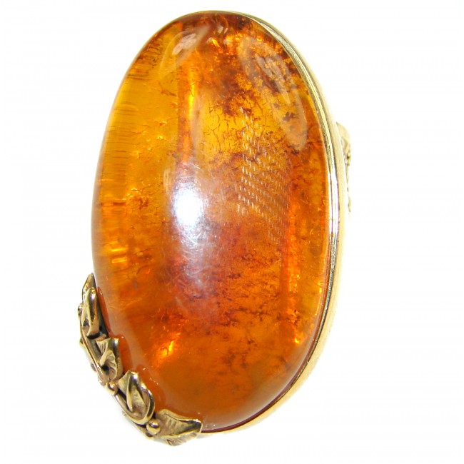 Huge Authentic Baltic Amber 18K Gold over .925 Sterling Silver handcrafted ring; s. 8 adjustable