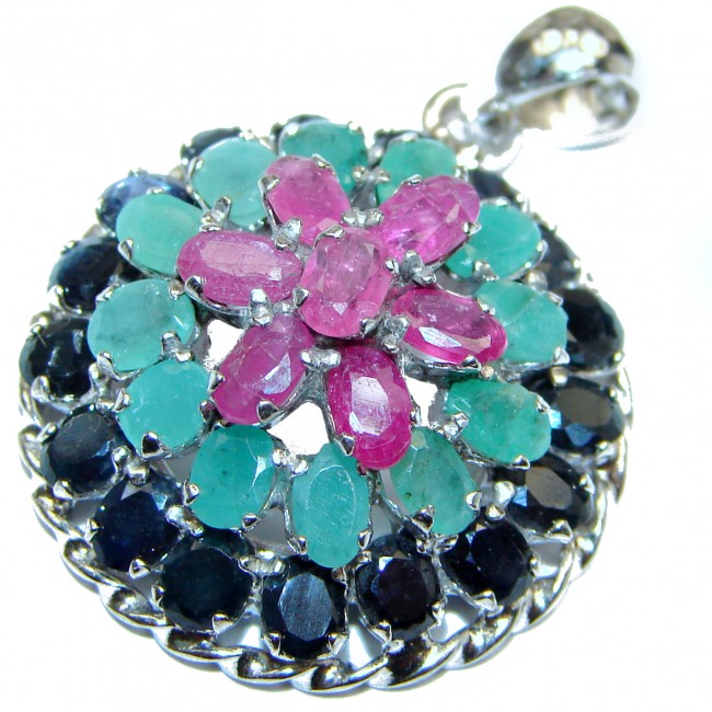 Genuine Ruby Emerald Sapphire .925 Sterling Silver handmade Pendant
