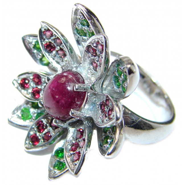Large genuine Ruby Star .925 Sterling Silver Statement Italy made ring; s. 7 1/4