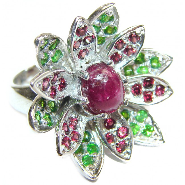 Large genuine Ruby Star .925 Sterling Silver Statement Italy made ring; s. 7 1/4