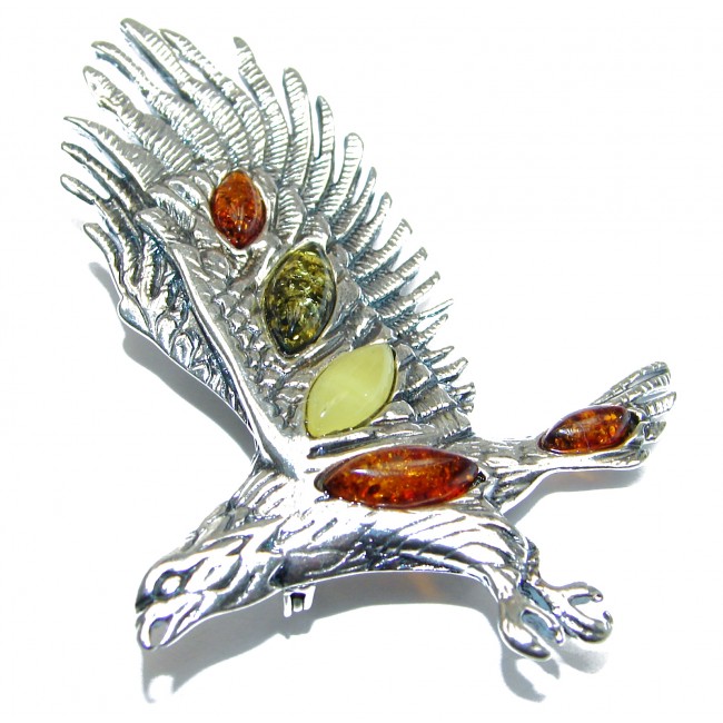Huge Beautiful genuine Amber Eagle .925 Sterling Silver handcrafted Pendant Pin