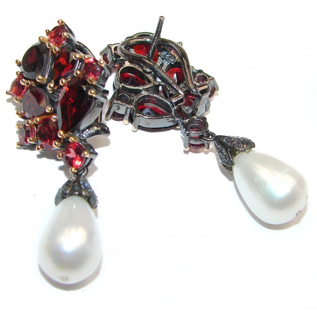 Spectacular Authentic Garnet Pearl Gold black rhodium over .925 Sterling Silver handmade earrings