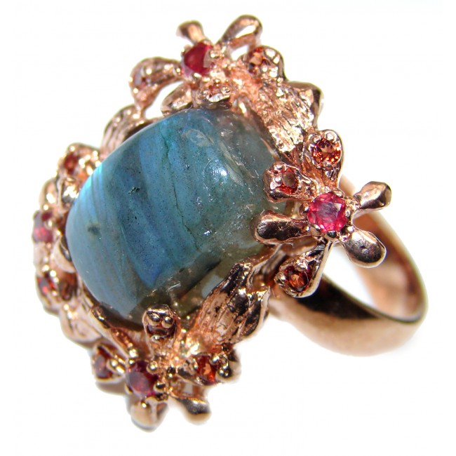 Large Fire Labradorite Rose Gold over .925 Sterling Silver Bali handmade ring size 9