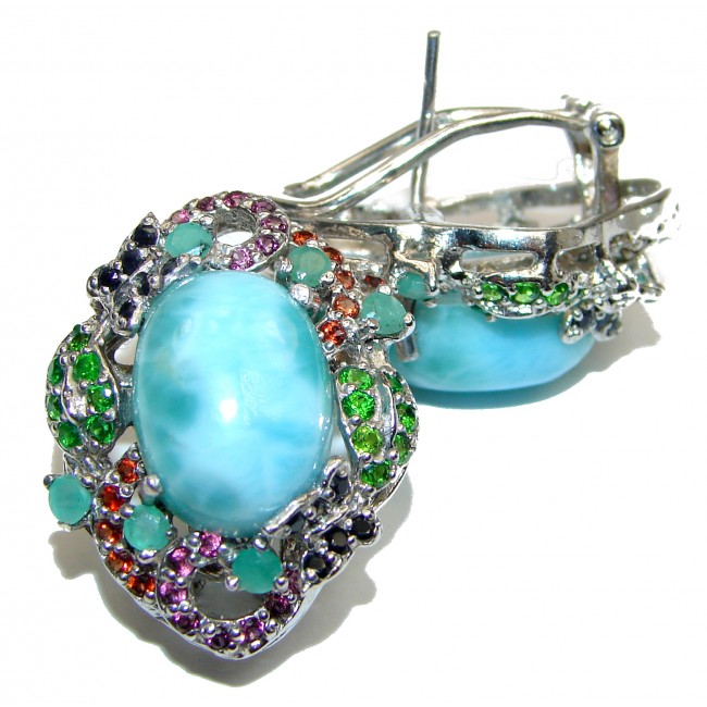 Blue Treasure Larimar Ruby Tsavorite Garnet .925 Sterling Silver stud earrings