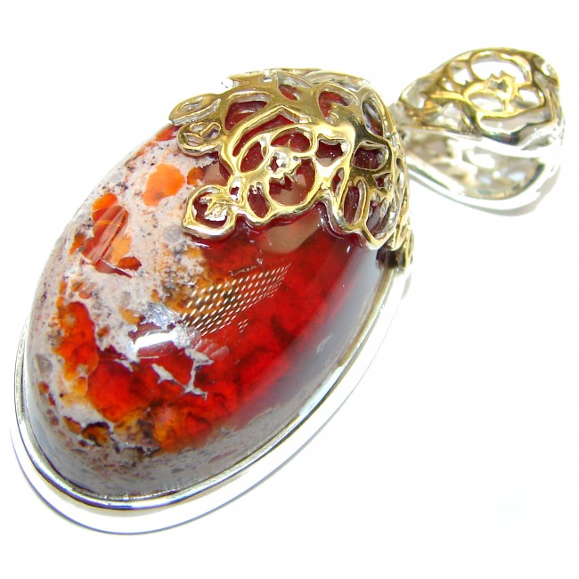 Unique Design Natural Mexican Fire Opal 14K Gold .925 Sterling Silver handmade Pendant